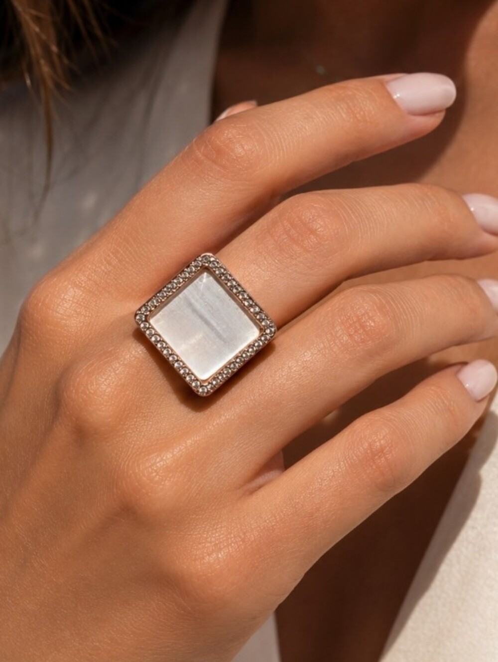Sterling Silver Mother-of-Pearl Square Halo Ring - White